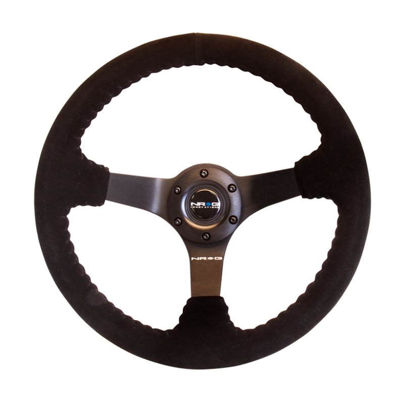 NRG Reinforced Steering Wheel (350mm / 3in. Deep) Blk Suede w/Blk BBall Stitch (Odi Bakchis Edition)