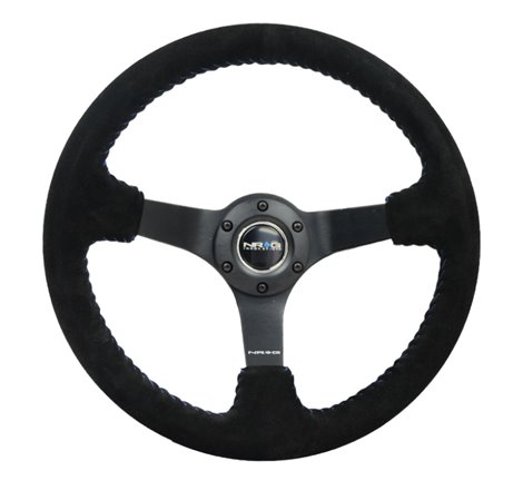 NRG Reinforced Steering Wheel (350mm / 3in. Deep) Blk Suede/Blue BBall Stitch w/5mm Matte Blk Spokes