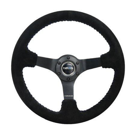 NRG Reinforced Steering Wheel (350mm / 3in. Deep) Blk Suede/Blue BBall Stitch w/5mm Matte Blk Spokes