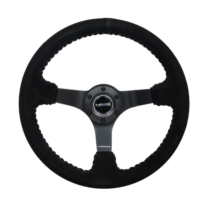 NRG Reinforced Steering Wheel (350mm / 3in. Deep) Blk Suede/Silver BBall Stitch w/5mm Mt. Blk Spokes