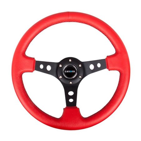 NRG Reinforced Steering Wheel (350mm / 3in. Deep) Red Leather/Blk Stitch w/Blk Spokes (Hole Cutouts)