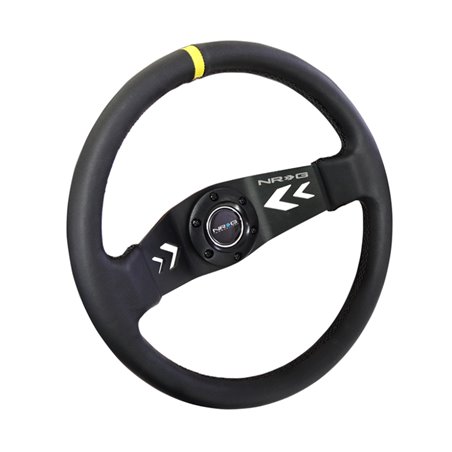 NRG Reinforced Steering Wheel (350mm / 3in Deep) Blk Leather w/NRG Arrow-Cut 2-Spoke & Sgl Yellow CM