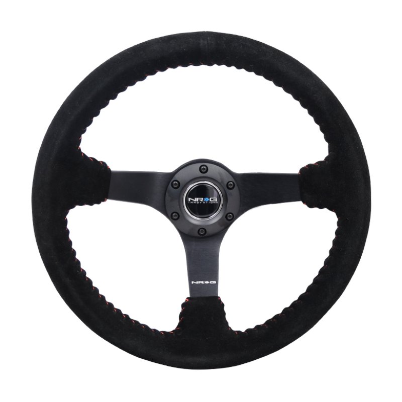 NRG Reinforced Steering Wheel (350mm / 3in. Deep) Blk Suede/Red BBall Stitch w/5mm Matte Blk Spokes