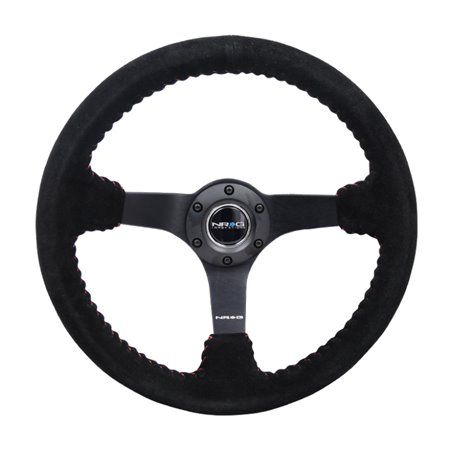 NRG Reinforced Steering Wheel (350mm / 3in. Deep) Blk Suede/Red BBall Stitch w/5mm Matte Blk Spokes