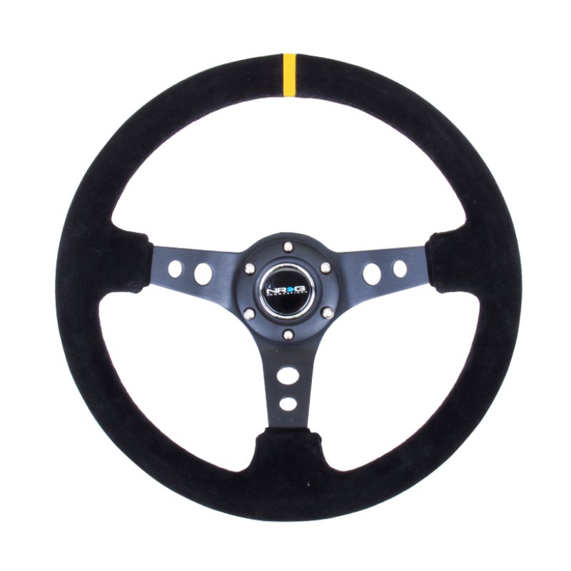 NRG Reinforced Steering Wheel (350mm / 3in. Deep) Blk Suede w/Circle Cut Spokes & Single Yellow CM