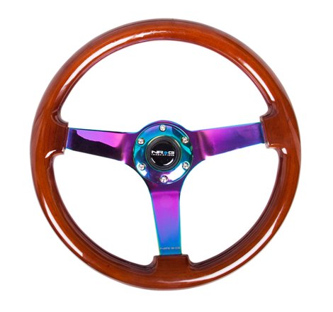 NRG Reinforced Steering Wheel (350mm / 3in. Deep) Classic Dark Wood w/4mm Neochrome Solid 3-Spoke