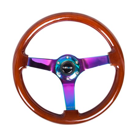 NRG Reinforced Steering Wheel (350mm / 3in. Deep) Classic Dark Wood w/4mm Neochrome Solid 3-Spoke