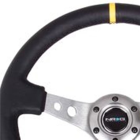 NRG Reinforced Steering Wheel (350mm / 3in. Deep) Blk Leather w/Gunmetal Cutout Spoke & Yellow CM