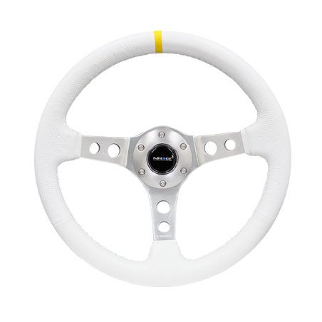 NRG Reinforced Steering Wheel (350mm / 3in. Deep) Wht Leather w/Silver Spoke & Single Yellow Mark