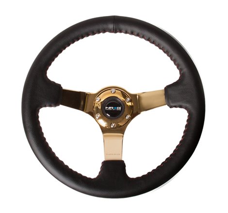 NRG Reinforced Steering Wheel (350mm / 3in. Deep) Blk Leather/Red BBall Stitch w/4mm Gold Spokes