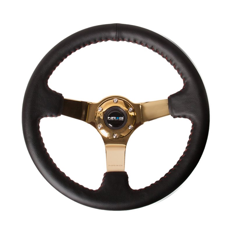 NRG Reinforced Steering Wheel (350mm / 3in. Deep) Blk Leather/Red BBall Stitch w/4mm Gold Spokes