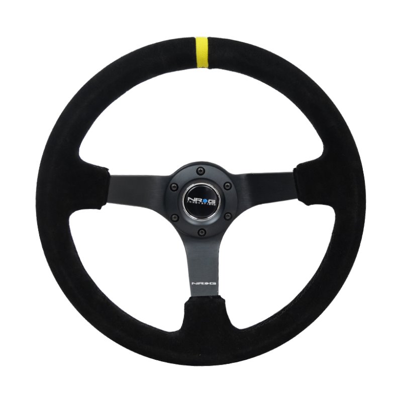 NRG Reinforced Steering Wheel (350mm / 3in. Deep) Blk Suede/X-Stitch w/5mm Blk Spoke & Yellow CM