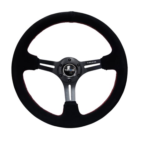 NRG Reinforced Steering Wheel (350mm / 3in. Deep) Blk Suede w/Red Stitching & 5mm Spokes w/Slits