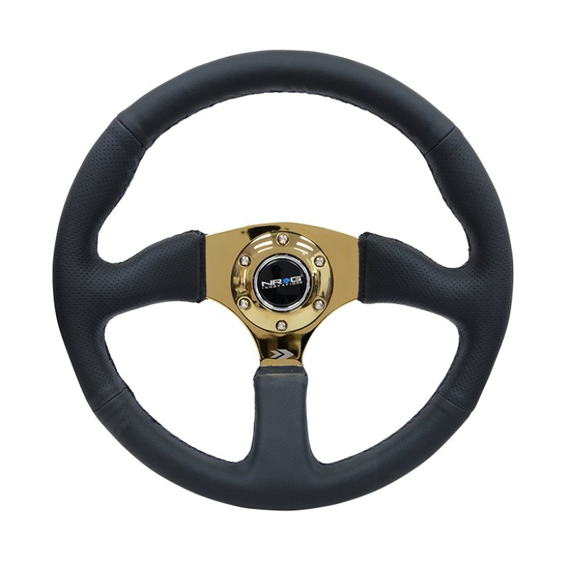 NRG Reinforced Steering Wheel (350mm / 2.5in. Deep) Leather Race Comfort Grip w/4mm Gold Spokes