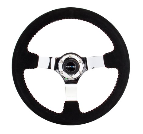 NRG Reinforced Steering Wheel (350mm / 3in. Deep) Blk Suede w/Red BBall Stitch & Chrome 3-Spoke