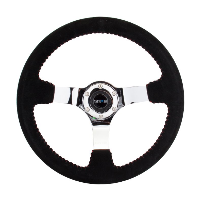 NRG Reinforced Steering Wheel (350mm / 3in. Deep) Blk Suede w/Red BBall Stitch & Chrome 3-Spoke