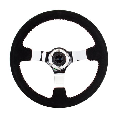 NRG Reinforced Steering Wheel (350mm / 3in. Deep) Blk Suede w/Red BBall Stitch & Chrome 3-Spoke