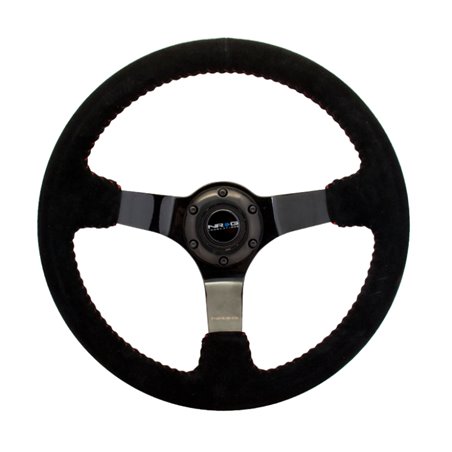 NRG Reinforced Steering Wheel (350mm / 3in. Deep) Blk Suede w/Red BBall Stitch & Black 3-Spoke