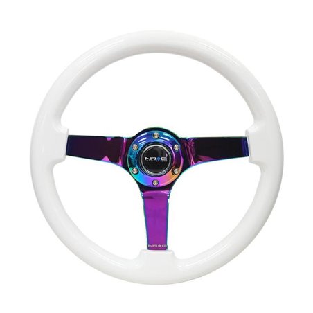 NRG Reinforced Steering Wheel (350mm / 3in. Deep) Classic White w/4mm Neochrome Solid 3-Spoke