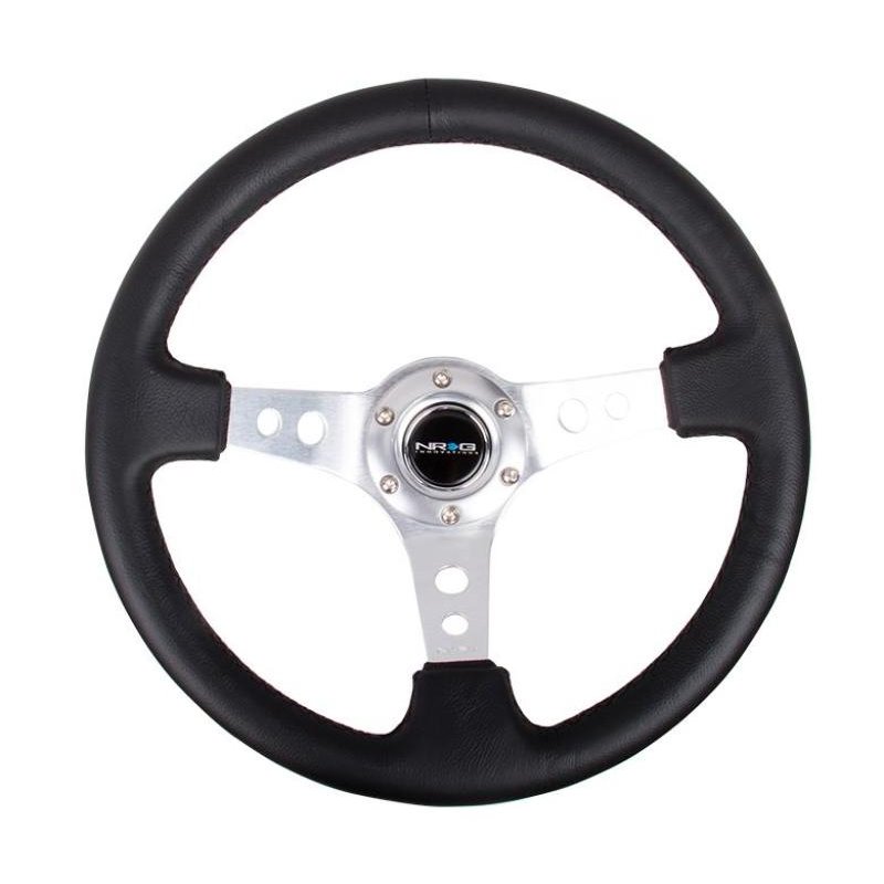 NRG Reinforced Steering Wheel (350mm / 3in. Deep) Blk Leather w/Silver Spoke & Circle Cutouts