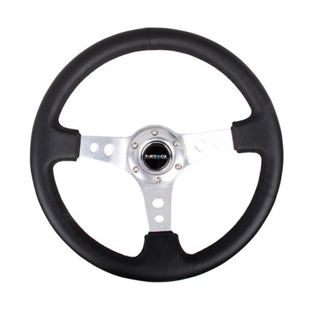 NRG Reinforced Steering Wheel (350mm / 3in. Deep) Blk Leather w/Silver Spoke & Circle Cutouts