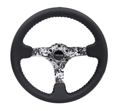 NRG Reinforced Steering Wheel (350mm / 3in. Deep) Blk Leather w/Hydrodipped Digi-Camo Spokes