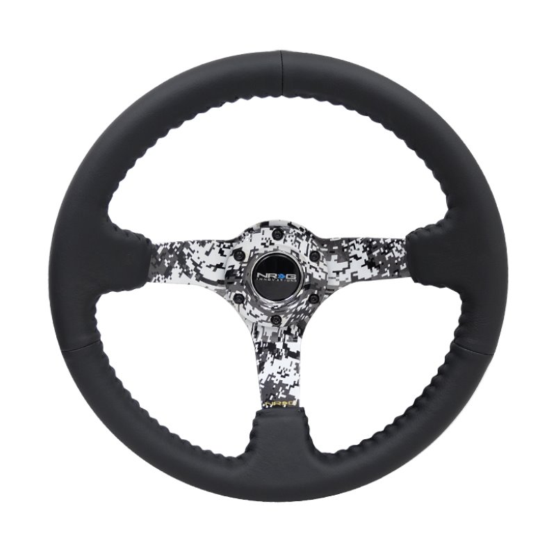 NRG Reinforced Steering Wheel (350mm / 3in. Deep) Blk Leather w/Hydrodipped Digi-Camo Spokes