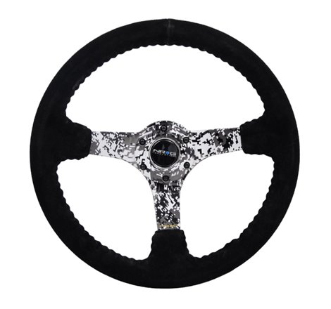 NRG Reinforced Steering Wheel (350mm / 3in. Deep) Blk Suede w/Hydrodipped Digi-Camo Spokes