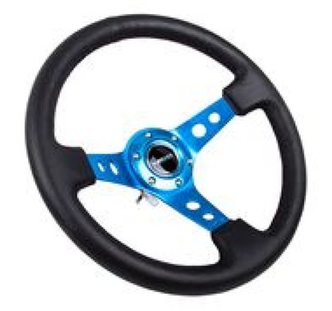 NRG Reinforced Steering Wheel (350mm / 3in. Deep) Blk Leather w/Blue Circle Cutout Spokes