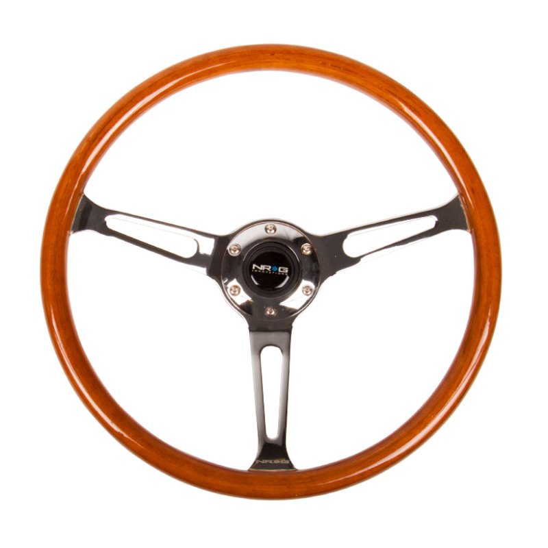 NRG Reinforced Steering Wheel (360mm) Classic Wood Grain w/Chrome Cutout 3-Spoke Center