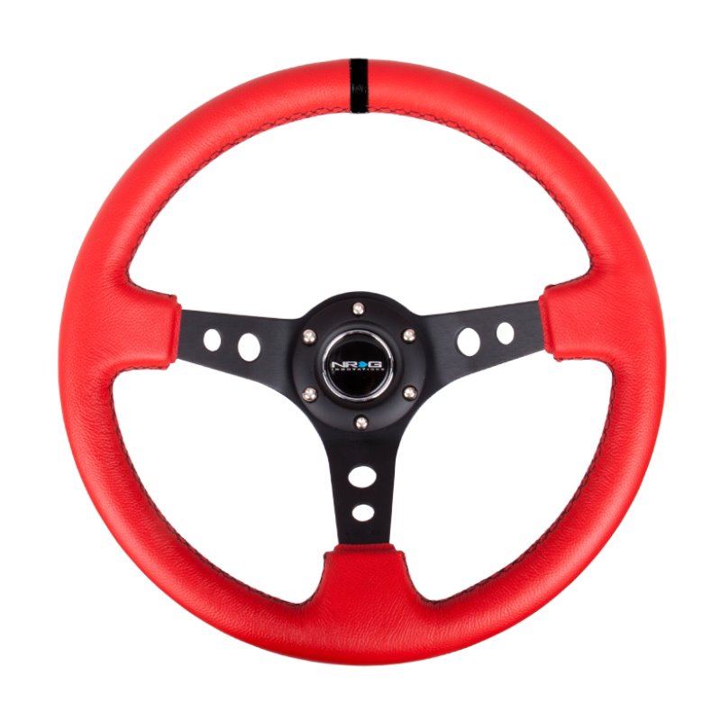 NRG Reinforced Steering Wheel (350mm / 3in. Deep) Red Suede w/Blk Circle Cutout Spokes