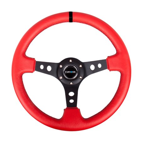 NRG Reinforced Steering Wheel (350mm / 3in. Deep) Red Suede w/Blk Circle Cutout Spokes