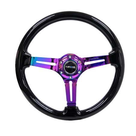 NRG Reinforced Steering Wheel (350mm / 3in. Deep) Blk Wood w/Blk Matte Spoke/Neochrome Center Mark