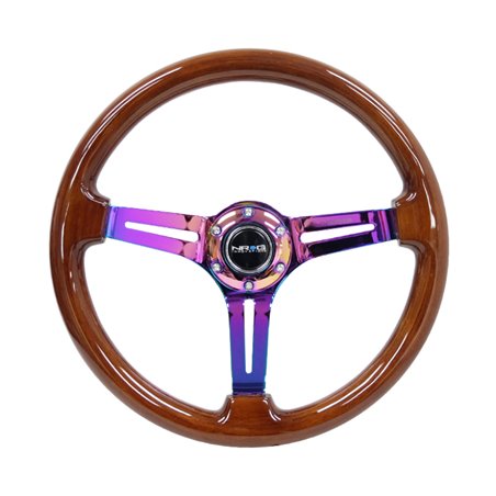 NRG Reinforced Steering Wheel (350mm / 3in. Deep) Brown Wood w/Blk Matte Spoke/Neochrome Center Mark