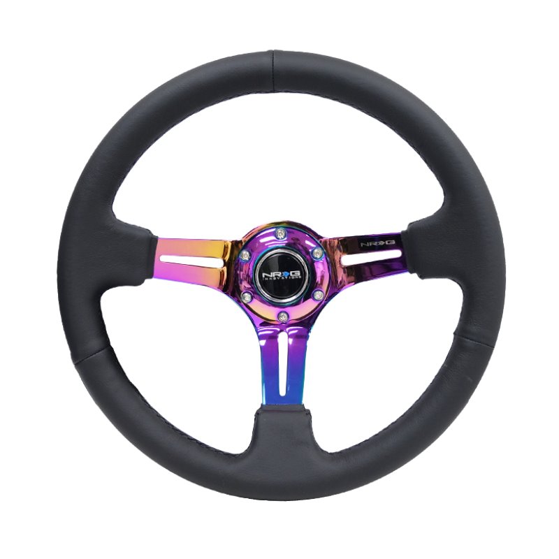 NRG Reinforced Steering Wheel (350mm / 3in. Deep) Blk Leather/Blk Stitch w/Neochrome Slits