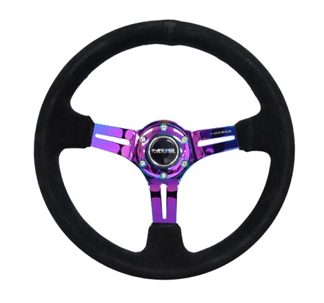 NRG Reinforced Steering Wheel (350mm / 3in. Deep) Blk Suede/Blk Stitch w/Neochrome Slits