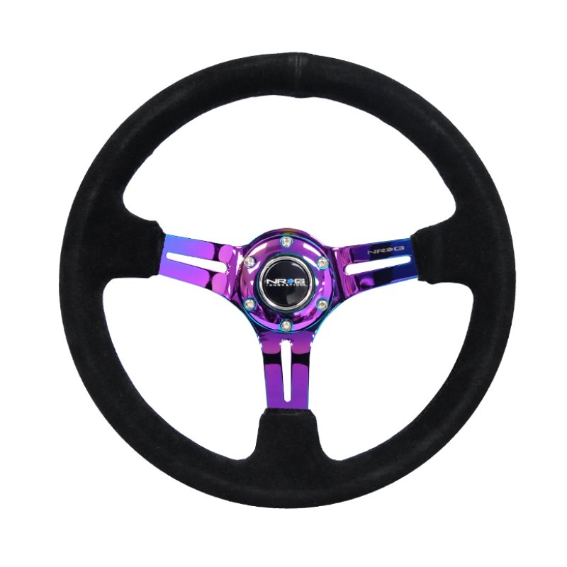 NRG Reinforced Steering Wheel (350mm / 3in. Deep) Blk Suede/Blk Stitch w/Neochrome Slits