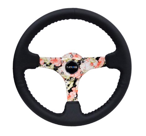 NRG Reinforced Steering Wheel (350mm / 3in. Deep) Blk Leather Floral Dipped w/ Blk Baseball Stitch