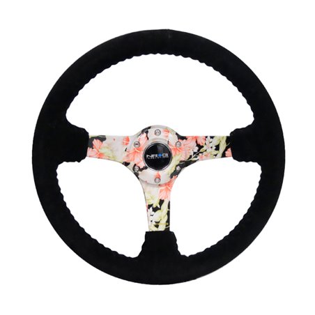 NRG Reinforced Steering Wheel (350mm / 3in. Deep) Blk Suede Floral Dipped w/ Blk Baseball Stitch