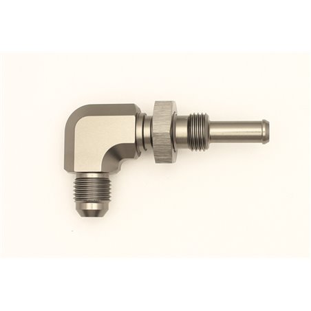 DeatschWerks 6AN Male Flare To 5/16in. Male Barb Bulkhead Adapter 90-Degree (Incl. Nut)