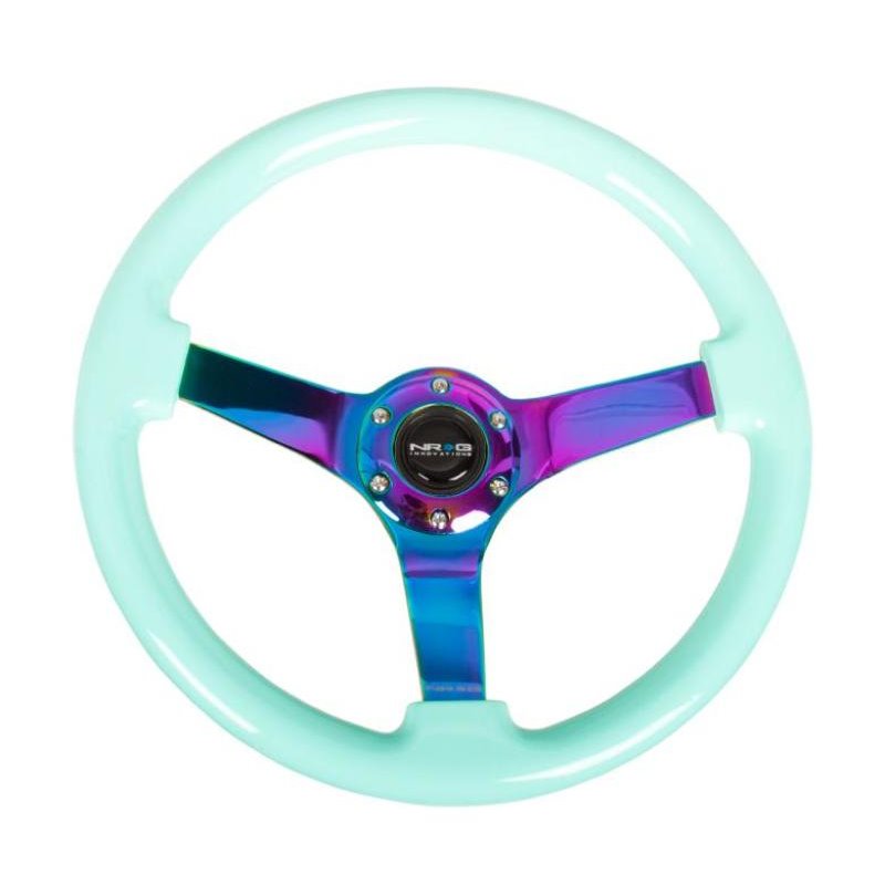 NRG Reinforc Steering Wheel (350mm / 3in. Deep) Minty Fresh Wood Grain w/Neochrome 3-Spoke Center