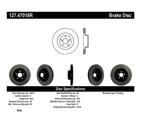 StopTech 02-10 Subaru WRX Slotted & Drilled Right Front Rotor (exc. STi)