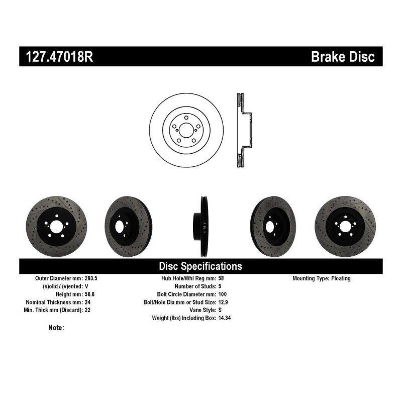 StopTech 02-10 Subaru WRX Slotted & Drilled Right Front Rotor (exc. STi)