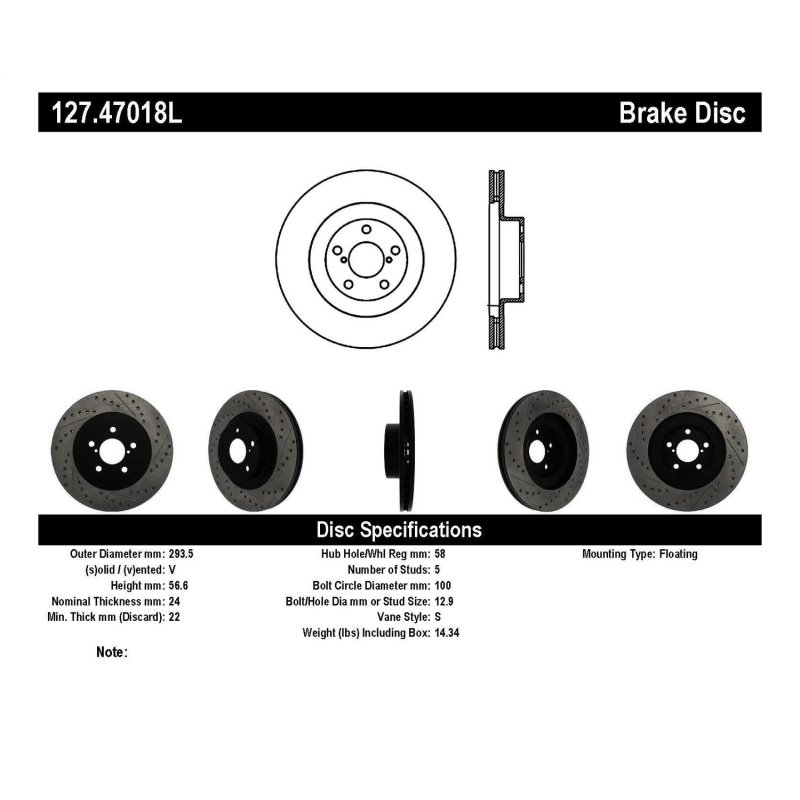 StopTech 02-10 Subaru WRX Slotted & Drilled Left Front Rotor (exc. STi)