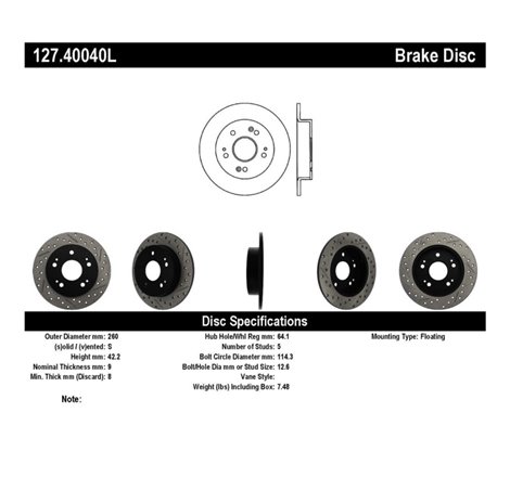 StopTech 06-09 Honda Civic Ex/Si Slotted & Drilled Left Rear Rotor