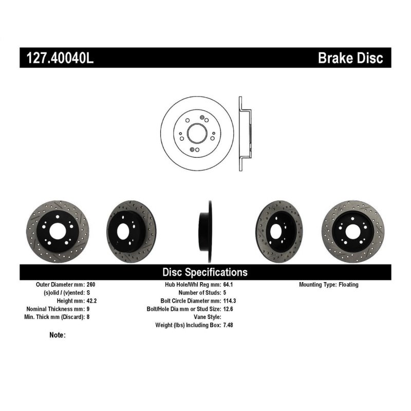 StopTech 06-09 Honda Civic Ex/Si Slotted & Drilled Left Rear Rotor