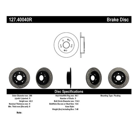 StopTech 06-09 Honda Civic Ex/Si Slotted & Drilled Right Rear Rotor