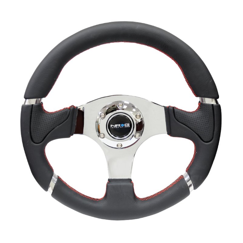 NRG Reinforced Steering Wheel (320mm) Blk Leather/Red Stitching w/Chrome 3-Spoke Center