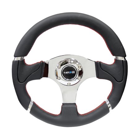 NRG Reinforced Steering Wheel (320mm) Blk Leather/Red Stitching w/Chrome 3-Spoke Center