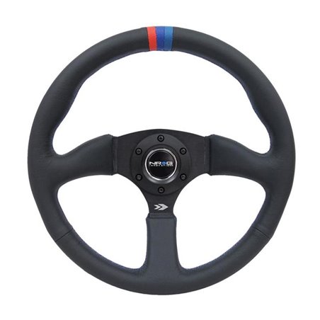 NRG Reinforced Steering Wheel (350mm / 2.5in Deep) Blk Leather w/M3 stitch Matte Blk 3-Spoke Center